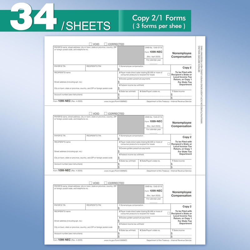 Yeplan 1099 NEC Forms 2025 with Envelopes, 50 2025 1099 NEC Tax Forms, 4 Part, with 50 Self Seal Envelopes with 3 1096 Included - Image 4